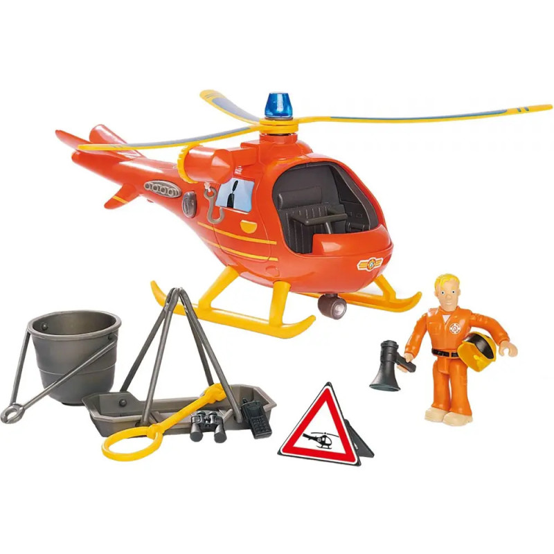 Rettungshubschrauber-Spielset mit Pilotfigur, Eimer, Trage, Megafon und Warnschild.