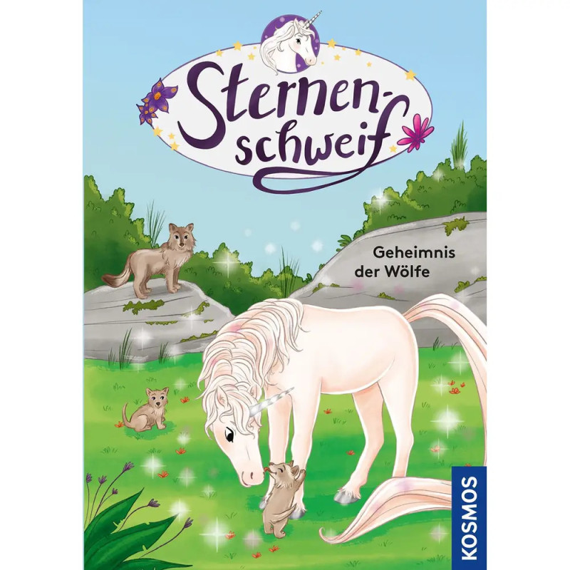 Ein weißes Einhorn mit rosa Mähne berührt mit seiner Nase einen Wolfswelpen weitere Wölfe beobachten dies auf Felsen. Ein weißes Einhorn mit rosa Mähne berührt mit seiner Nase einen Wolfswelpen weitere Wölfe beobachten dies auf Felsen.
