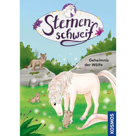 Ein weißes Einhorn mit rosa Mähne berührt mit seiner Nase einen Wolfswelpen weitere Wölfe beobachten dies auf Felsen. Ein weißes Einhorn mit rosa Mähne berührt mit seiner Nase einen Wolfswelpen weitere Wölfe beobachten dies auf Felsen.