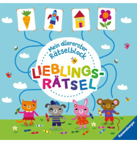 Vier gezeichnete Tiere halten Wachsmalstifte, über ihnen sind eine Karotte, ein Haus und eine Blume abgebildet.