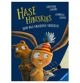 Illustration: Hase mit gestreifter Mütze und Taschenlampe, dahinter ein Bär deutscher Buchcover-Stil.