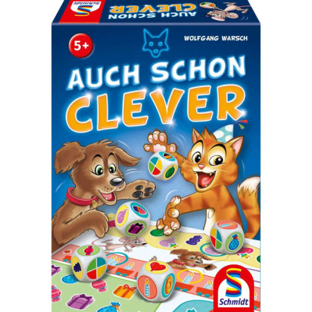 Boxcover des Spiels Auch Schon Clever mit gezeichnetem Hund und Katze, die mit bunten Würfeln spielen. Boxcover des Spiels Auch Schon Clever mit gezeichnetem Hund und Katze, die mit bunten Würfeln spielen.