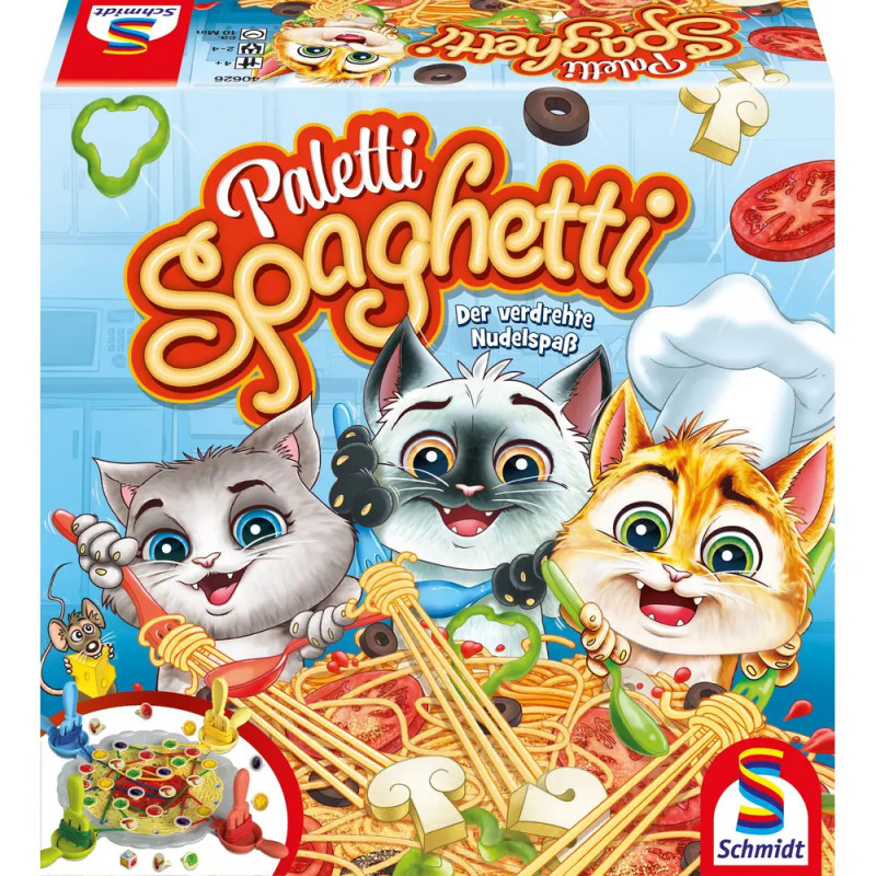 Cartoonkatzen spielen mit Spaghetti auf einer bunten Spielebox mit dem Schriftzug "Paletti Spaghetti" von Schmidt.