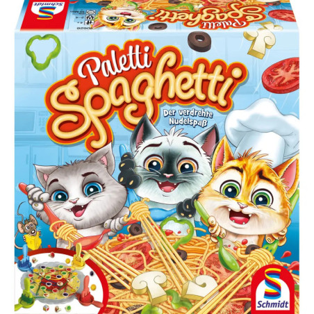 Cartoonkatzen spielen mit Spaghetti auf einer bunten Spielebox mit dem Schriftzug "Paletti Spaghetti" von Schmidt.