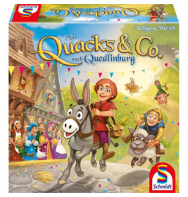 Kinder reiten auf Tieren in einer festlichen Straßenszene des Brettspiels Quacks & Co. nach Quedlinburg.