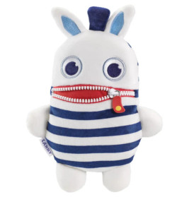 Plüschfigur mit blau-weißen Streifen, Reißverschluss-Mund, großen Augen und spitzen Ohren.