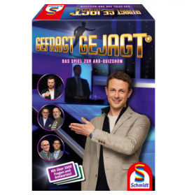 Spielbox von Gefragt Gejagt mit lächelndem Moderator, der zeigt, und Fotos der Quizshow-Kandidaten.