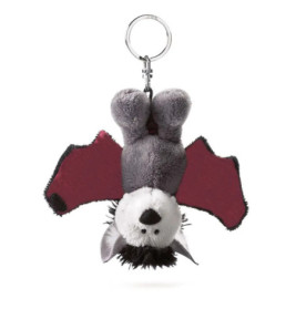 Plüsch-Fledermaus-Schlüsselanhänger hängt kopfüber, grauer Körper, rote Flügel, niedliches Gesicht.