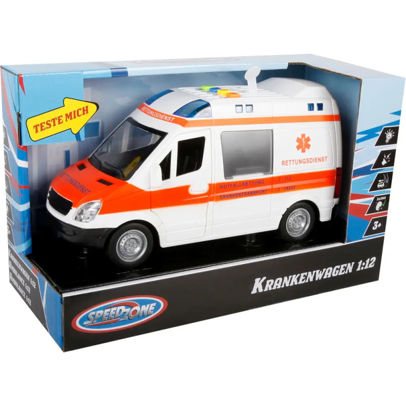 Spielzeug-Krankenwagen 1:12 in Box mit Aufdruck Teste Mich und Krankenwagen auf der Verpackung.