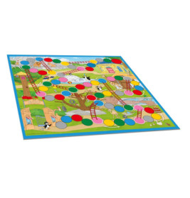 Buntes Leiter-und-Schlangen-Spielbrett mit farbigen Feldern, Leitern und illustrierten Landschaftselementen.