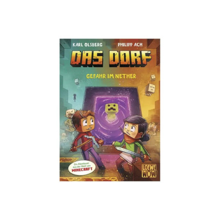 Zwei animierte Kinder stehen vor einem Portal mit Pixelgesicht auf dem Cover eines Minecraft-Buchs in deutscher Sprache. Zwei animierte Kinder stehen vor einem Portal mit Pixelgesicht auf dem Cover eines Minecraft-Buchs in deutscher Sprache.