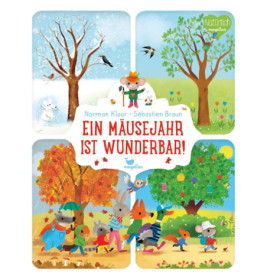 Illustration einer Maus im Wandel der vier Jahreszeiten mit dem deutschen Text: Ein Mäusejahr ist wunderbar!.