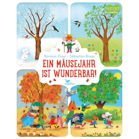 Illustration einer Maus im Wandel der vier Jahreszeiten mit dem deutschen Text: Ein Mäusejahr ist wunderbar!. Illustration einer Maus im Wandel der vier Jahreszeiten mit dem deutschen Text: Ein Mäusejahr ist wunderbar!.