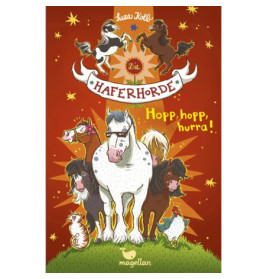 Gezeichnete Pferde, Ponys, Huhn und Schaf auf rotem Hintergrund mit Sternen und deutschem Text.