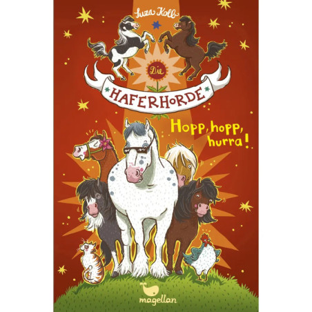 Gezeichnete Pferde, Ponys, Huhn und Schaf auf rotem Hintergrund mit Sternen und deutschem Text.