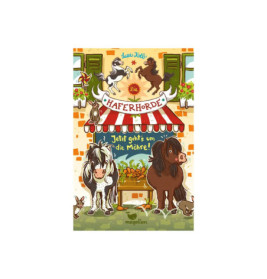 Buchcover: Zwei Ponys, Gemüse, gestreifte Markise. Titel: Die Haferhorde.