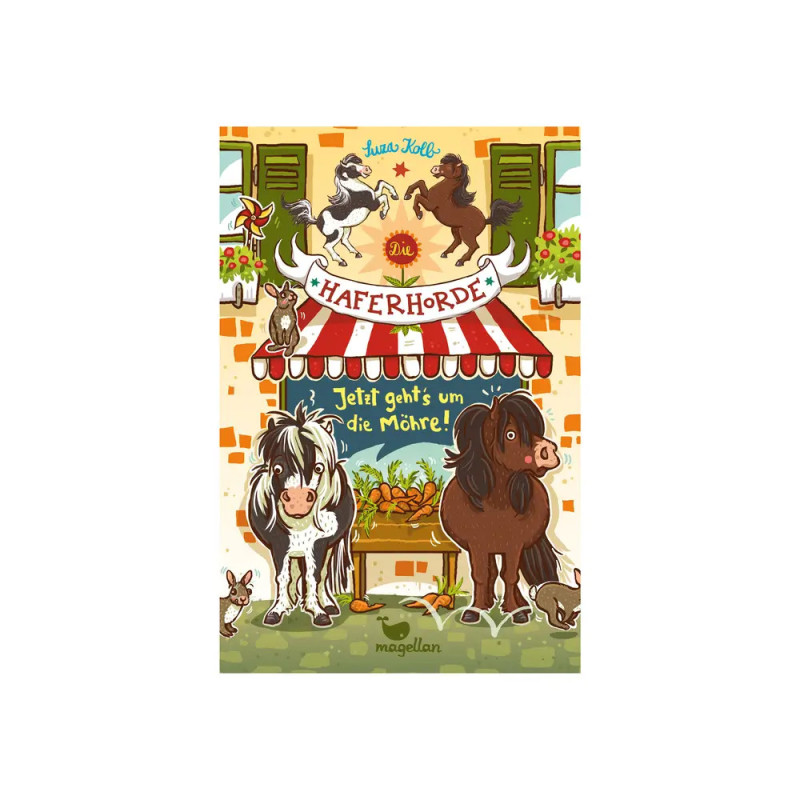 Buchcover: Zwei Ponys, Gemüse, gestreifte Markise. Titel: Die Haferhorde.