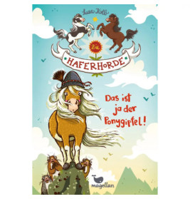 Buchcover: Ein Pony auf einem Berg, weitere Ponys unten. Deutscher Text ist ebenfalls zu sehen.