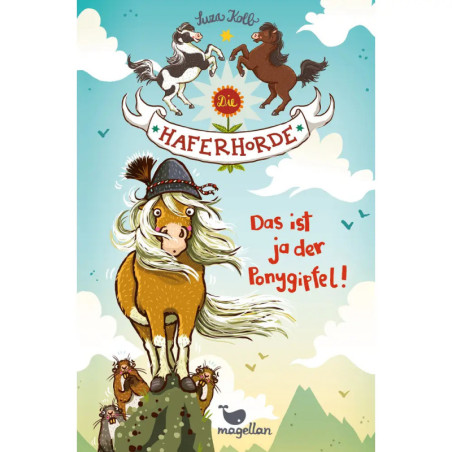 Buchcover: Ein Pony auf einem Berg, weitere Ponys unten. Deutscher Text ist ebenfalls zu sehen.