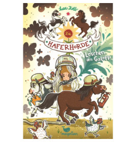 Cartoon-Ponys und Ziegen mit Helmen rennen und spritzen Wasser buntes, verspieltes Buchcover.
