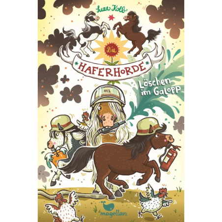 Cartoon-Ponys und Ziegen mit Helmen rennen und spritzen Wasser buntes, verspieltes Buchcover. Cartoon-Ponys und Ziegen mit Helmen rennen und spritzen Wasser buntes, verspieltes Buchcover.