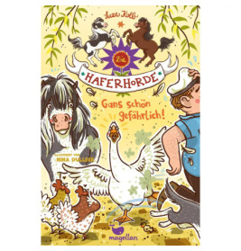 Illustration mit aufgeregten Tieren: eine Gans mit ausgebreiteten Flügeln, zwei Ponys, Hühner und eine Person im Seemannsanzug.