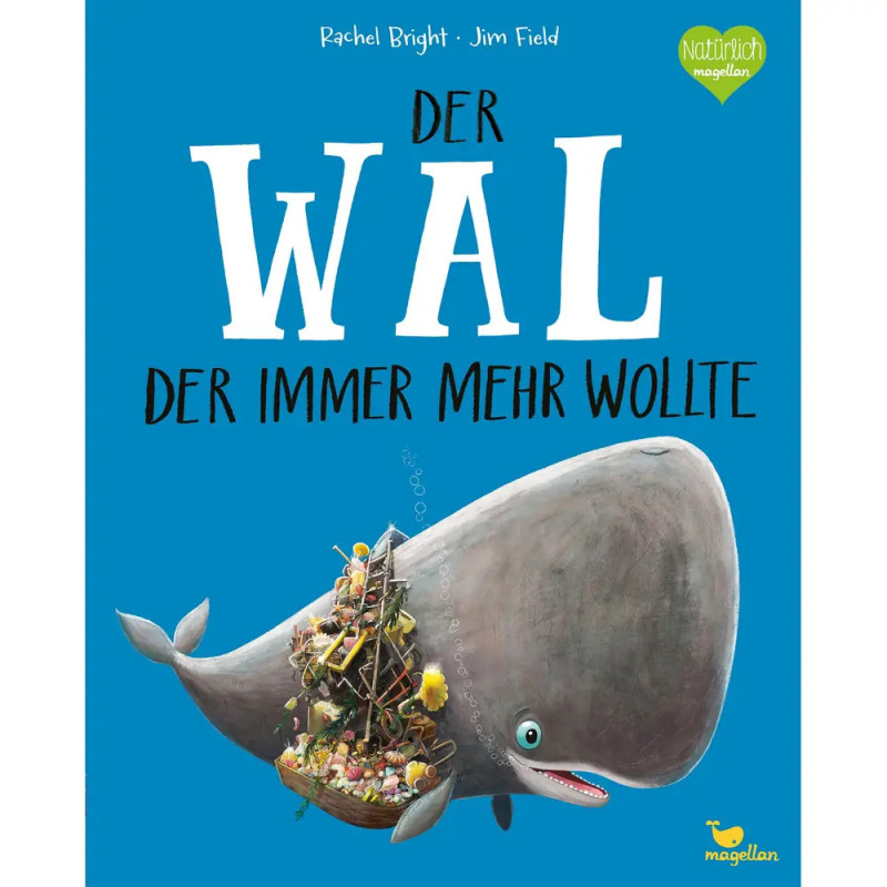 Ein lächelnder Wal trägt einen Haufen Gerümpel auf dem Schwanz vor blauem Hintergrund und deutschem Buchtitel.