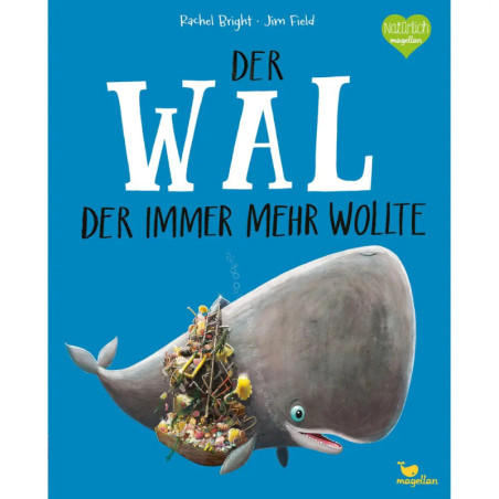 Ein lächelnder Wal trägt einen Haufen Gerümpel auf dem Schwanz vor blauem Hintergrund und deutschem Buchtitel.