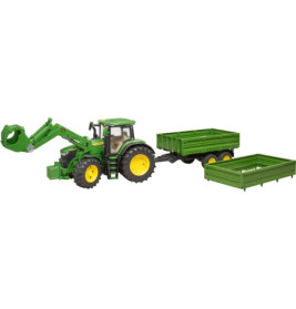 John Deere 7R 350 mit Frontlader und Tandemachstransportanhänger