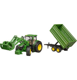 John Deere 7R 350 mit Frontlader und Tandemachstransportanhänger