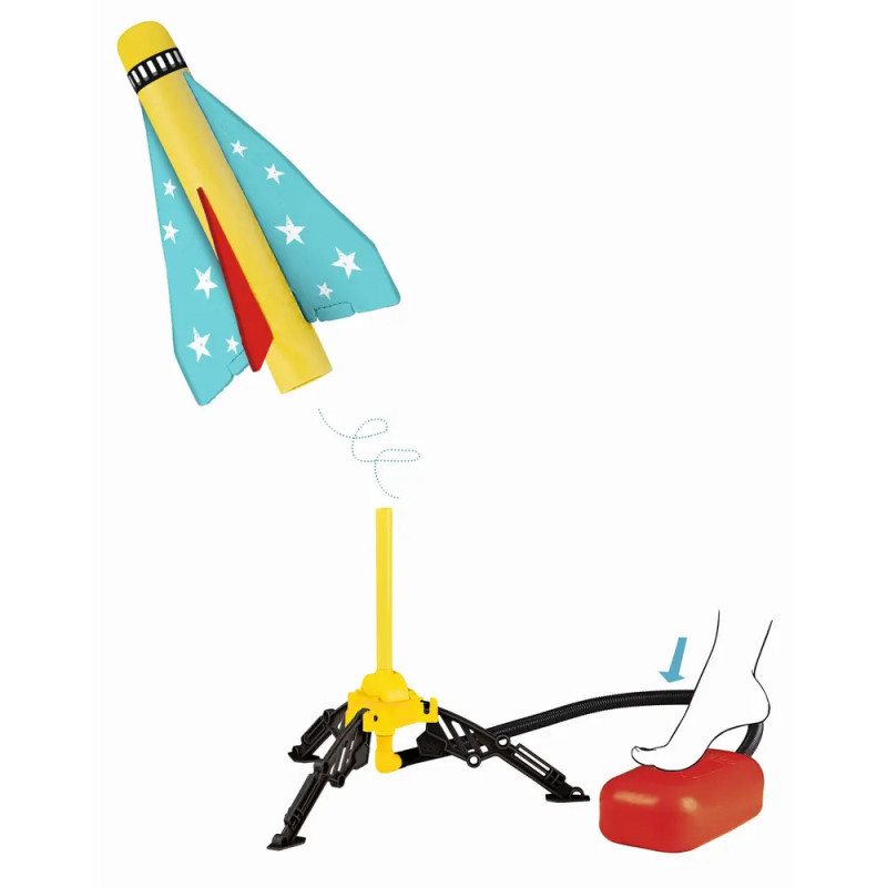 Ein Fuß drückt eine rote Pumpe, die über einen Schlauch mit einem gelben Abschussgerät für eine startende Spielzeugrakete verbun