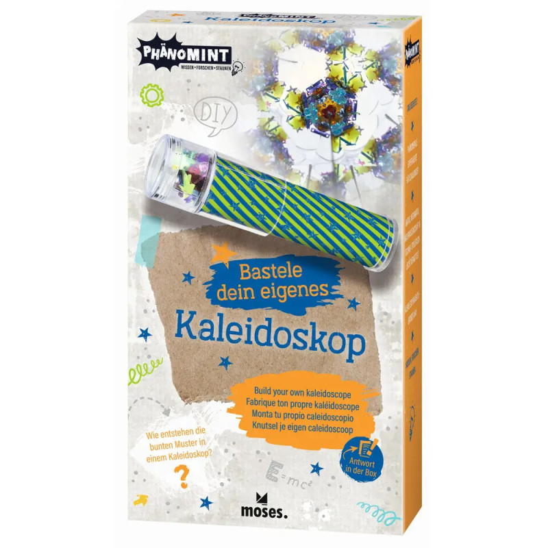 Box eines DIY-Kaleidoskop-Bausatzes mit bunten Mustern sowie deutsch- und englischsprachigem Text.