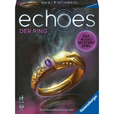 Box von Echoes: Der Ring, ein Hörspiel-Krimispiel, mit leuchtendem Goldring und violettem Stein.