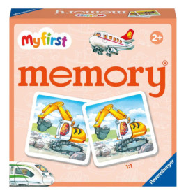 Box meines ersten Memoryspiels ab 2 Jahren, mit passenden Karten und Bagger-Abbildung.
