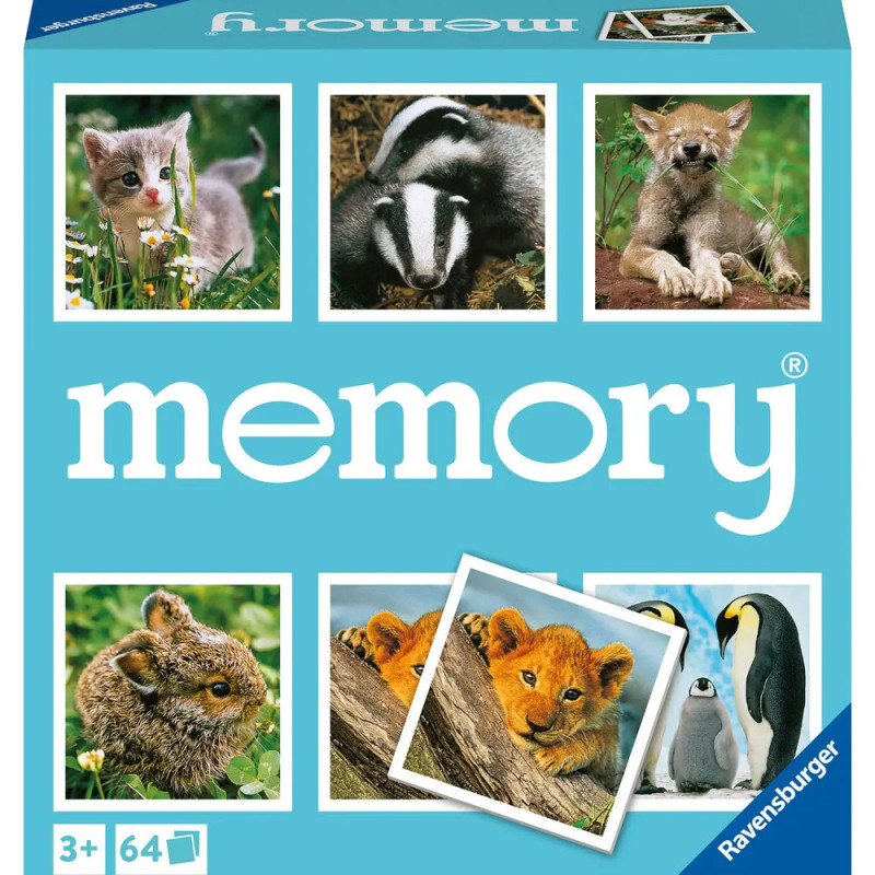 Box eines Memoryspiels mit Fotos süßer Jungtiere wie einem Löwenbaby und Pinguinen.