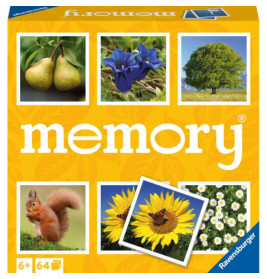 Gelbe Memory-Spielschachtel mit Fotos von Birnen, Blumen, einem Baum, einem Eichhörnchen und Sonnenblumen mit Schmetterling.