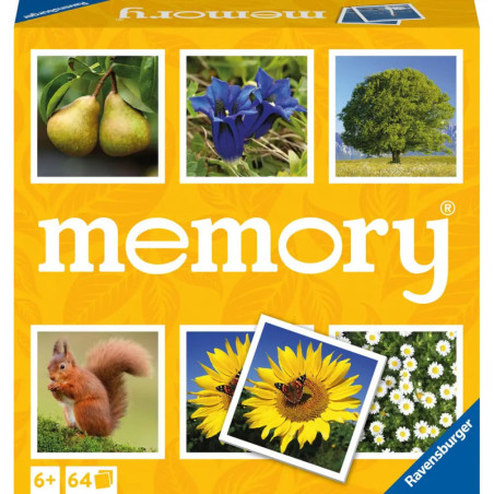 Gelbe Memory-Spielschachtel mit Fotos von Birnen, Blumen, einem Baum, einem Eichhörnchen und Sonnenblumen mit Schmetterling.