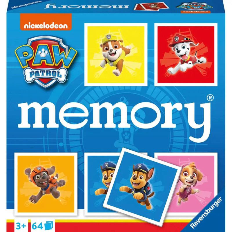 PAW Patrol Memory-Spiel: Box mit bunten Karten, die Cartoon-Charaktere zeigen, und großem Schriftzug memory. PAW Patrol Memory-Spiel: Box mit bunten Karten, die Cartoon-Charaktere zeigen, und großem Schriftzug memory.