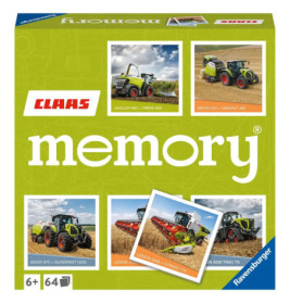 Grüne Claas-Memospiel-Box mit Traktoren und Landmaschinen, geeignet für Kinder ab 6 Jahren.