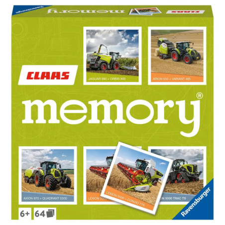 Grüne Claas-Memospiel-Box mit Traktoren und Landmaschinen, geeignet für Kinder ab 6 Jahren.