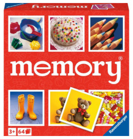 Rote Memory-Spielbox mit Abbildungen von Wachsmalstiften, Kuchen, Gummistiefeln, Teddybär und einer Schüssel mit Löffel.
