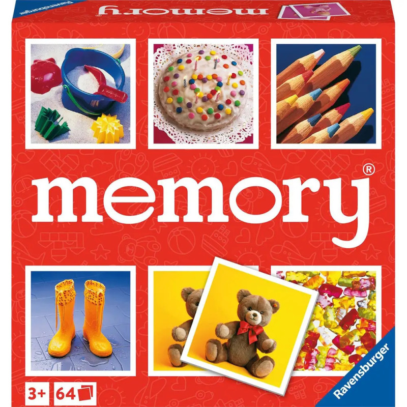 Rote Memory-Spielbox mit Abbildungen von Wachsmalstiften, Kuchen, Gummistiefeln, Teddybär und einer Schüssel mit Löffel. Rote Memory-Spielbox mit Abbildungen von Wachsmalstiften, Kuchen, Gummistiefeln, Teddybär und einer Schüssel mit Löffel.
