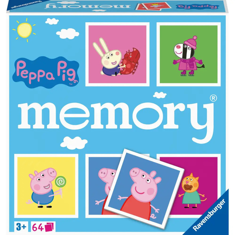 Peppa Pig Memory-Spiel mit bunten Charakterkarten und Logo, geeignet für Kinder ab 3 Jahren.