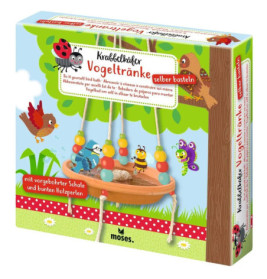 Bunte deutsche DIY-Vogeltränke-Box mit Comic-Tieren, Perlen und hängender Schale auf der Vorderseite.