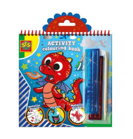 Malbuch mit rotem Drachen auf dem Cover, Metallic-Stickern und blauer Spiralbindung.