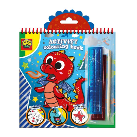 Malbuch mit rotem Drachen auf dem Cover, Metallic-Stickern und blauer Spiralbindung. Malbuch mit rotem Drachen auf dem Cover, Metallic-Stickern und blauer Spiralbindung.