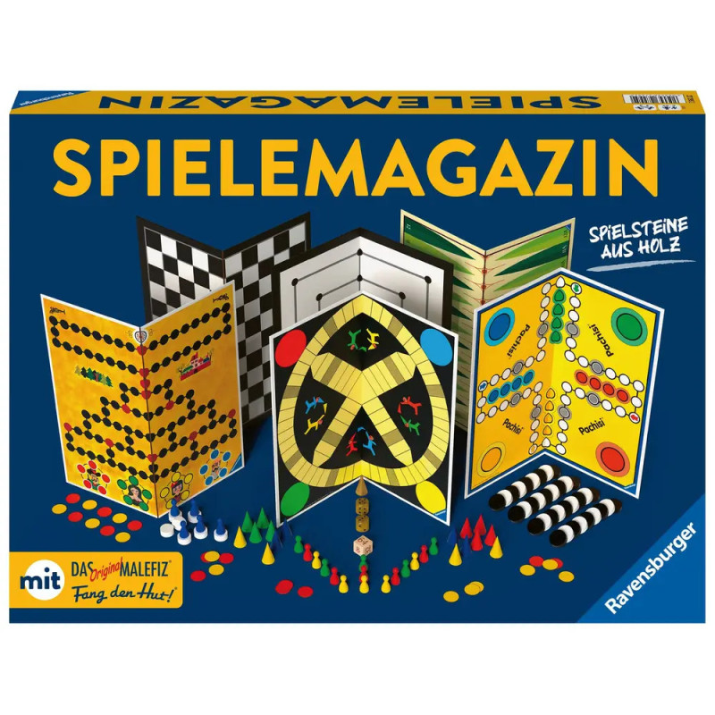 Schachtel mit Spielemagazin-Brettspielen, farbigen Spielbrettern, Holzfiguren und Würfeln auf dem Cover. Schachtel mit Spielemagazin-Brettspielen, farbigen Spielbrettern, Holzfiguren und Würfeln auf dem Cover.