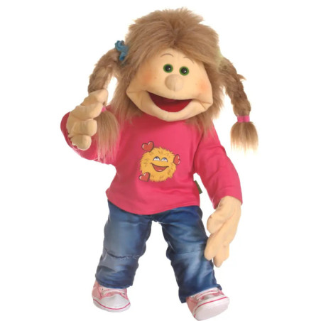 Eine Puppe mit Zöpfen, pinkem Shirt mit Comic-Gesicht, blauer Jeans und pinken Schuhen.