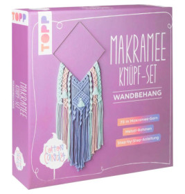 Lila Box mit Makramee-Knüpfset, pastellfarbene Garne und Metallrahmen, Aufschrift: Makramee Knüpf-Set.
