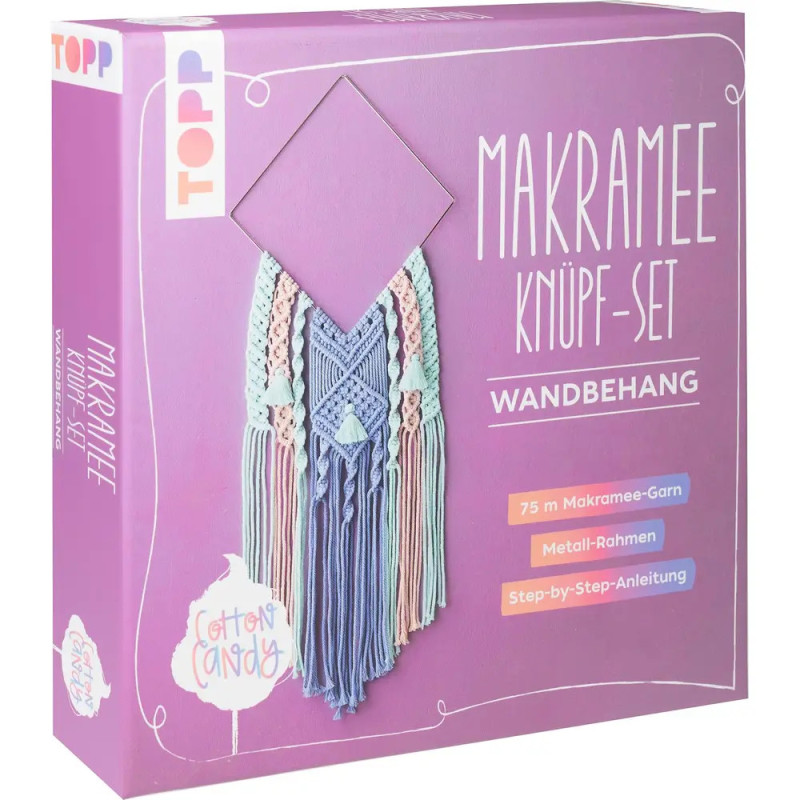 Lila Box mit Makramee-Knüpfset, pastellfarbene Garne und Metallrahmen, Aufschrift: Makramee Knüpf-Set. Lila Box mit Makramee-Knüpfset, pastellfarbene Garne und Metallrahmen, Aufschrift: Makramee Knüpf-Set.